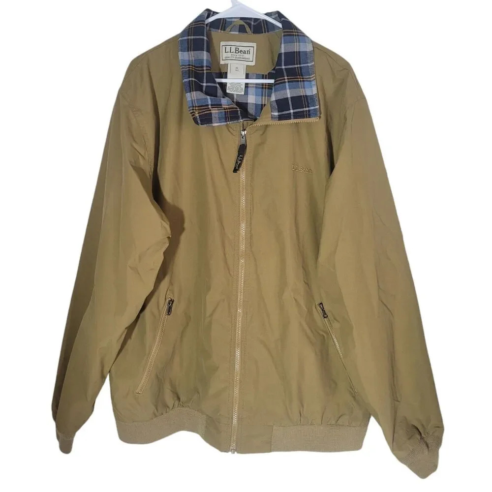 LL Bean Men's Flannel Lined Warm Up Jacket Size XL Tall Tan Plaid Outdoor Fall